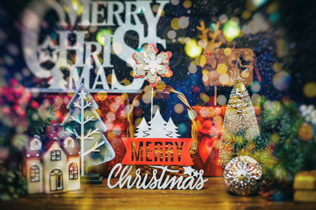 Merry Christmas and Happy Holidays, Boxes with gifts for Christmas and various attributes of holiday on a wooden background. Top view. Snowの写真素材