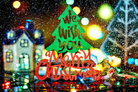 New Year Merry Christmas decorate with LED cotton ball on black backgroundの写真素材