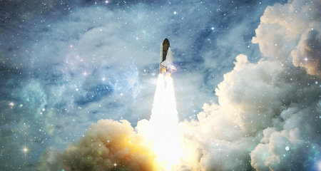 Spaceship takes off into the starry sky. Rocket starts into space. Concept, Elements of this image