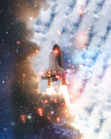 Spaceship takes off into the starry sky. Rocket starts into space. Concept, Elements of this image...