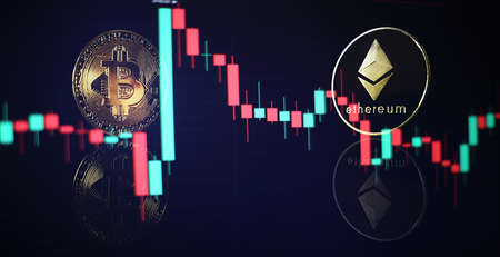 Bitcoin Stock Growth. Chart shows a strong increase in the price of bitcoin. Investing in virtual...