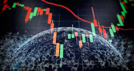 indicators including volume analysis for professional technical analysis on the monitor of a computer. Fundamental and technical analysis concept.の写真素材