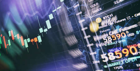 data on a monitor which including of Market Analyze. Bar graphs, Diagrams, financial figures. Forex...