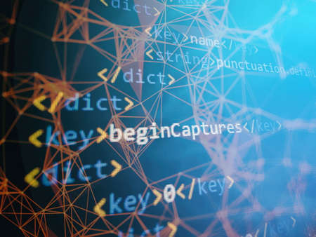 SEO optimization. Modern tech. PHP syntax highlighted. Writing programming functions on laptop. Big data and Internet of things trend.の写真素材