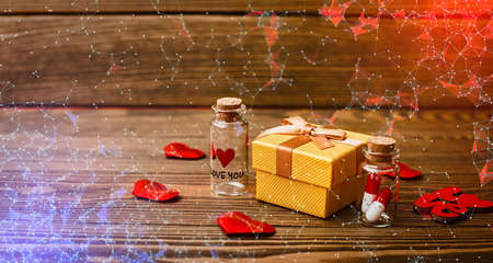 Valentine's Day Wooden table against defocused lights. Love medicine. I love you .Tablets in jars are kissing,の写真素材