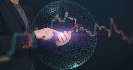 Finance Content marketing.Business Analytics Data Management System concept on dark background.の写真素材