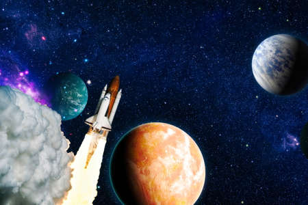 Spaceship in deep space. View on space shuttle and milky way. Elements of this image furnished