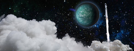 Spaceship in deep space. View on space shuttle and milky way. Elements of this image furnished