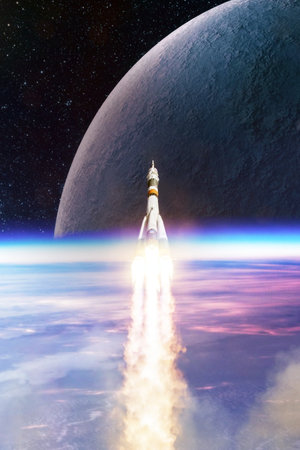 Rockets launch into space on the starry sky. Rocket starts into space concept.Elements of this image...