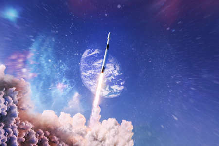 spaceship flight. Starry sky and blue galaxies. View on space shuttle and milky way. Elements of this image furnishedの写真素材