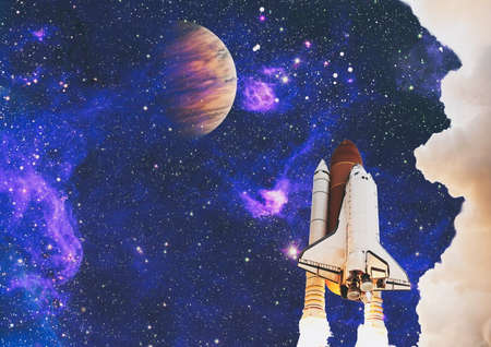 Spaceship takes off into the starry sky. Launch of Space. Elements of this image furnishedの写真素材