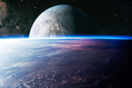 Fantasy composition of the planet Earth and his natural satellite, in stars with a comet.の写真素材