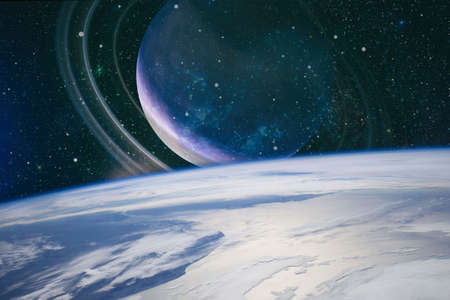 Chaotic space background. Planets, stars and galaxies in outer space showing the beauty of space exploration.の写真素材