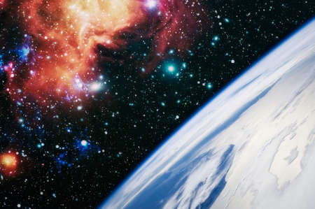 Fantasy composition of the planet Earth and his natural satellite, in stars with a comet.の写真素材