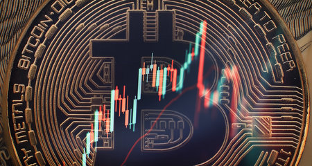 Cryptocurrency bitcoin gold coin and defocused chart background.