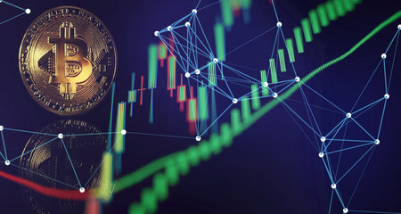 Bitcoin Stock Growth. Chart shows a strong increase in the price of bitcoin. Investing in virtual assets.の写真素材