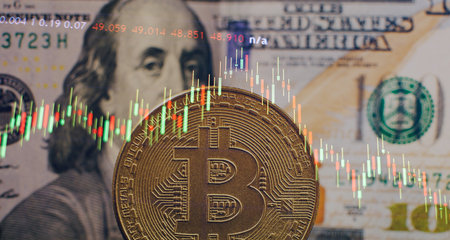 Cryptocurrency bitcoin gold coin and defocused chart background.