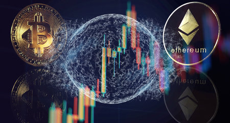 Gold bitcoins with Candle stick graph chart and digital background.Golden coin with icon letter...