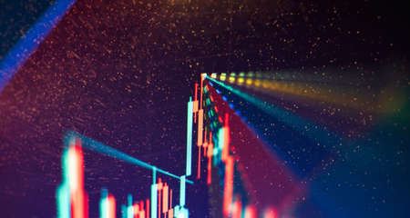 Technical price graph and indicator, red and green candlestick chart on blue theme screen, market volatility, up and down trend. Stock trading, cryptocurrencies background.の写真素材