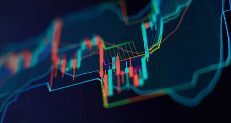 Charts of financial instruments with various types of indicators including volume analysis for professional technical analysis on the monitor of a computer.の写真素材