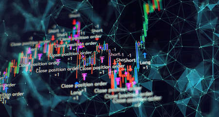Technical price graph and indicator, red and green candlestick chart on blue theme screen, market volatility, up and down trend. Stock trading, cryptocurrencies background.の写真素材