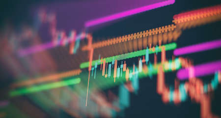 Abstract financial graph with candle stick and bar chart of stock market on financial background