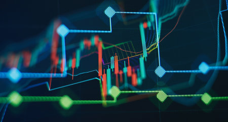 Abstract financial graph with candle stick and bar chart of stock market on financial background