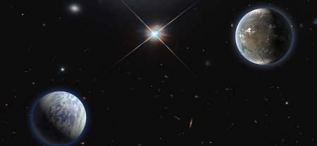 Stars of a planet and galaxy in a free space.