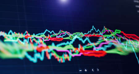 financial instruments with various types of indicators including volume analysis for professional technical analysis on the monitor of a computer.の写真素材