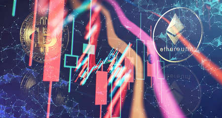 Trends in bitcoin exchange rates. Rise and fall charts of bitcoin. Bitcoins and New Virtual money concept.Gold bitcoins with Candle stick graph chartの写真素材