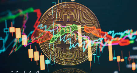 Virtual cryptocurrency concept. Bitcoin cryptocurrency with colorfull blurred candlestick chart in...