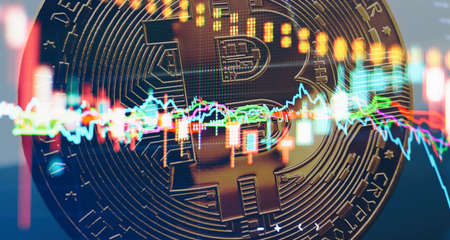 Trends in bitcoin exchange rates. Rise and fall charts of bitcoin. Bitcoins and New Virtual money concept.Gold bitcoins with Candle stick graph chartの写真素材
