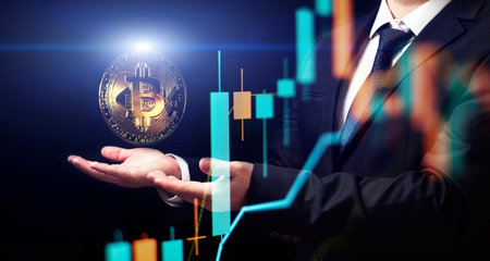 Bitcoin is a convenient payment in the global economy market. Virtual digital currency and financial investment trade concept.の写真素材