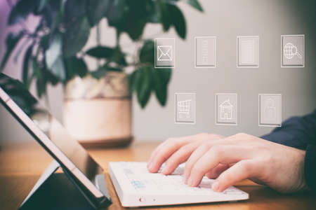 Businessman using computer laptop for trading forex exchange and money transfer by use technology concept.の写真素材