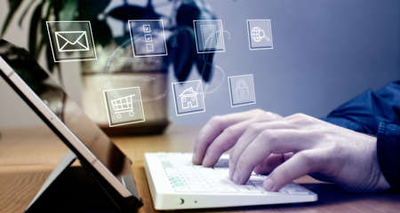Businessman using computer laptop for trading forex exchange and money transfer by use technology...