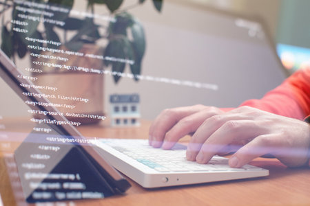 Data technology hologram. concept of innovation. Man hands working on computer and data theme hologram drawing. tech concept.の写真素材