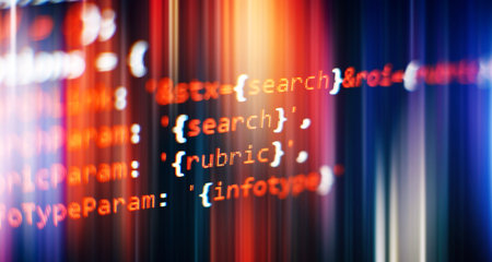 Software development company office. Database bits access stream visualization. Programming code abstractの写真素材