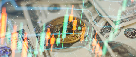 Gold bitcoins with Candle stick graph chart and digital background. Bitcoins and New Virtual money...
