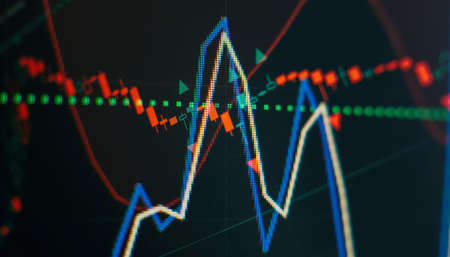Technical price graph and indicator, red and green candlestick chart on blue theme screen, market...