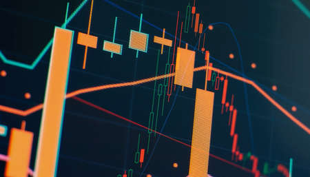 Technical price graph and indicator, red and green candlestick chart on blue theme screen, market...