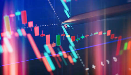 Indicators including volume analysis for professional technical analysis on the monitor of a...