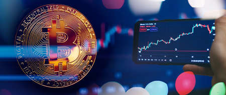 Bitcoin with stock graph for background, Gold Bitcoin Cryptocurrency Coins. stock market concept