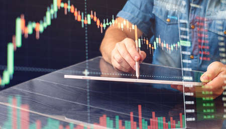 management strategy analysis accounting. Financial business technology hologram concept.