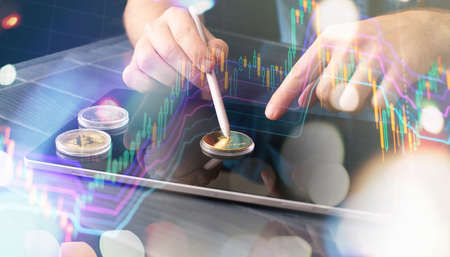 Businessman trading buying selling crypto currency bitcoin conceptの写真素材