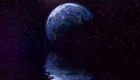 3D illustration Beautiful unusual space planet in space reflected in water. galaxy stars night skyの写真素材