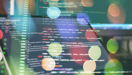 WWW programming. Web programming functions on laptop on laptop. IT business. Python code screen. Mobile Application Design Concept.の写真素材