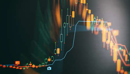 Financial instruments with various types of indicators including volume analysis for professional technical analysis on the monitor of a computer.の写真素材