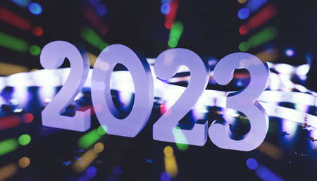 New Year 2023. Blurred lights in the background.