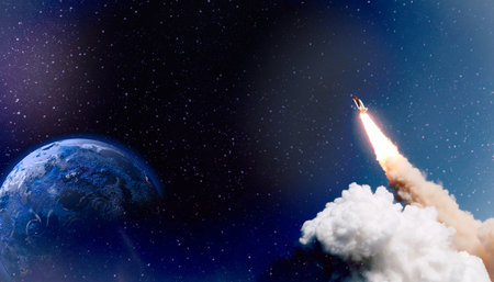 Spaceship takes off in the starry sky. Rocket space ship , Rocket starts into space concept.の写真素材