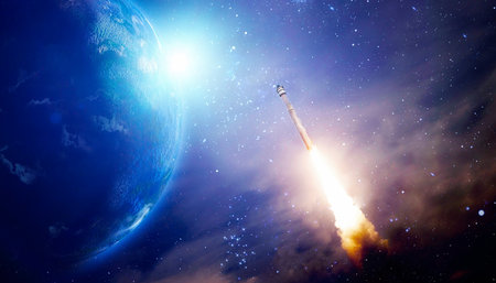 Spaceship takes off into the starry sky. Launch of Space.の写真素材